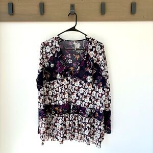 Free People Boho Floral Patchwork Blouse Semi-Sheer Long Sleeve Top - Size XS